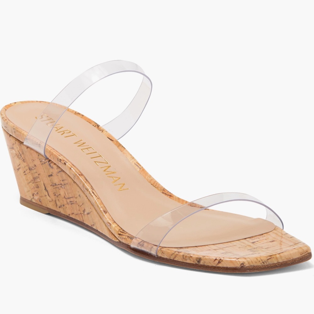 Stuart Weitzman Aleena 50 Cork Wedge Slide Sandal in Clear/Tan 10